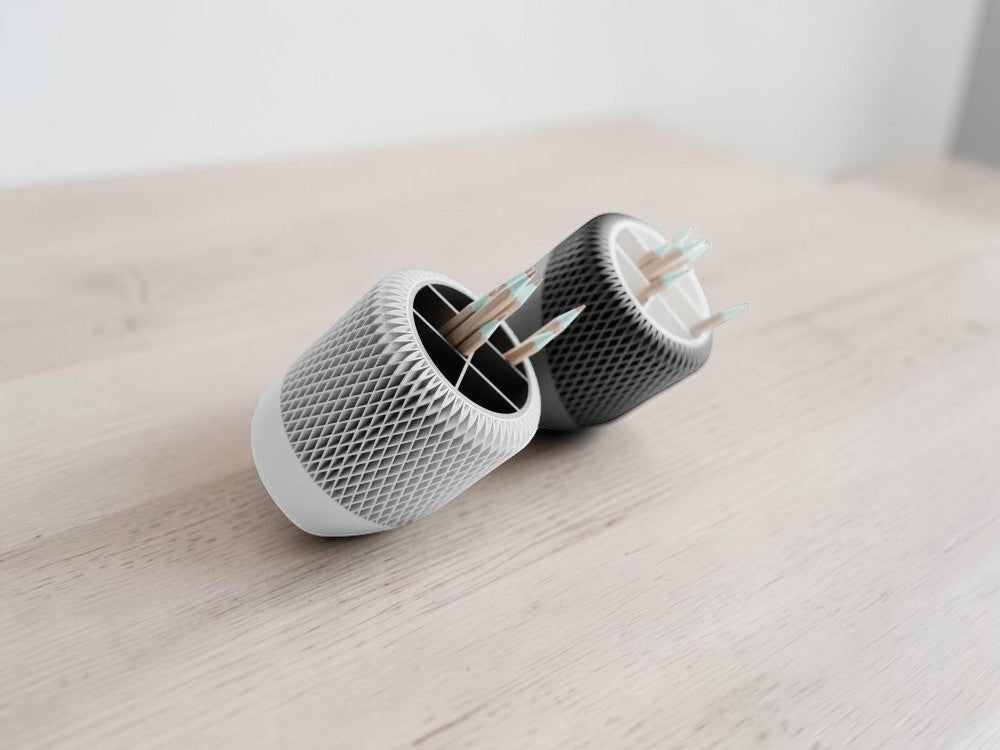 My Store 2 tilted lattice desk organizers in light grey and charcoal with diamond pattern and angled pen holders.
